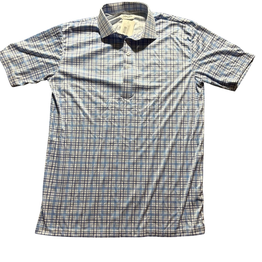 NWT Collars & Co. Polo Shirt Mens L Blue Plaid Semi-Spread Collar Short Sleeve